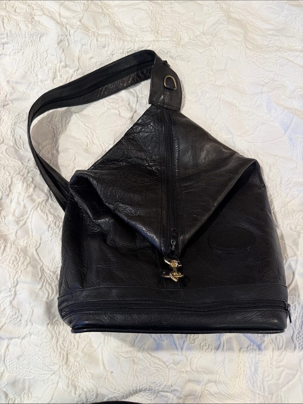 Black Leather Sling, backpack, crossbody or shoulder back with bottom storage
